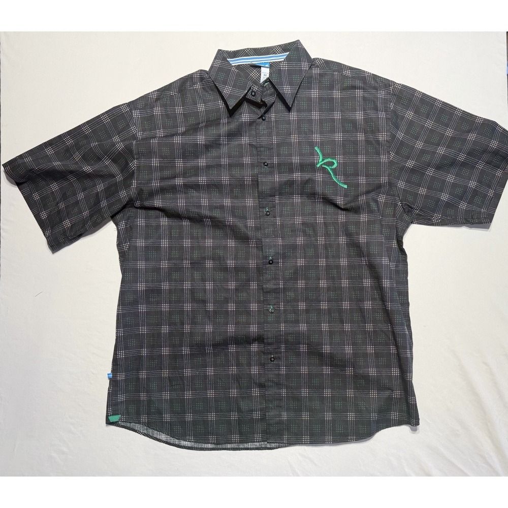 Rocawear Denim Co Button Up Shirt 3X Black Green Plaid Embroidered R Logo Men’s